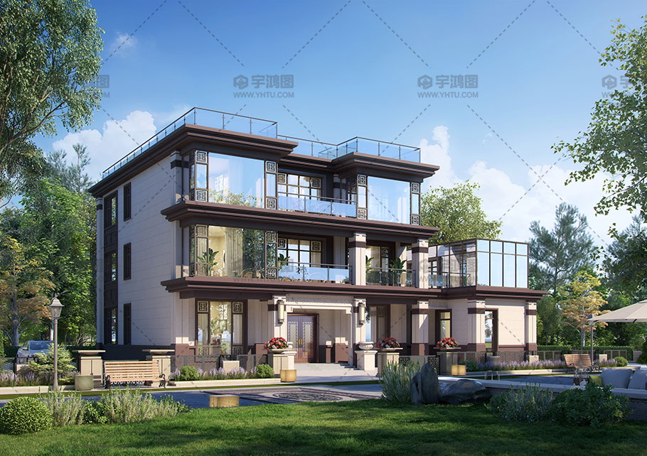 新中式风格三层别墅占地165平自建别墅设计图
